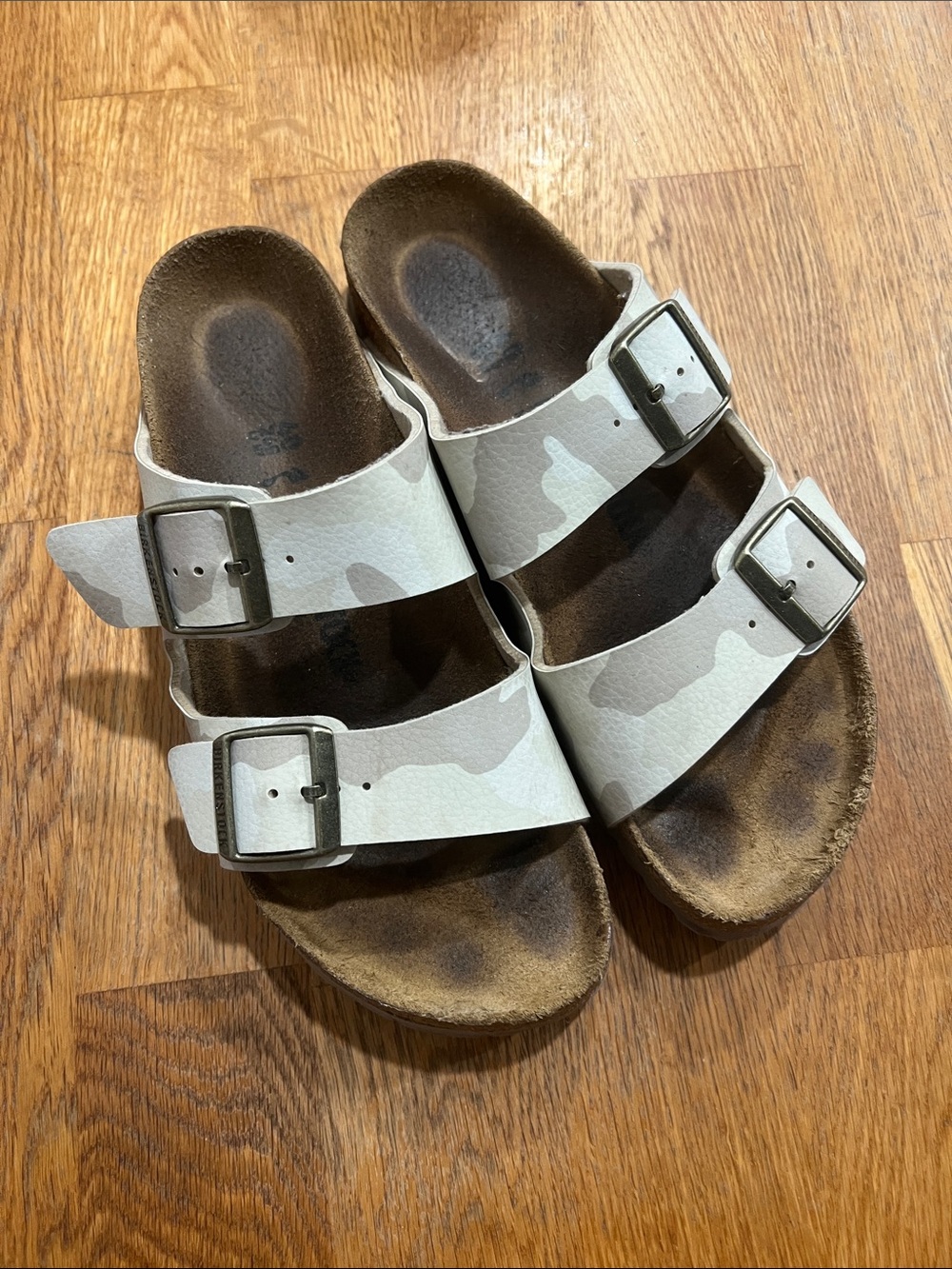 Birkenstock Double-Buckle Slides in Light Gray Camo